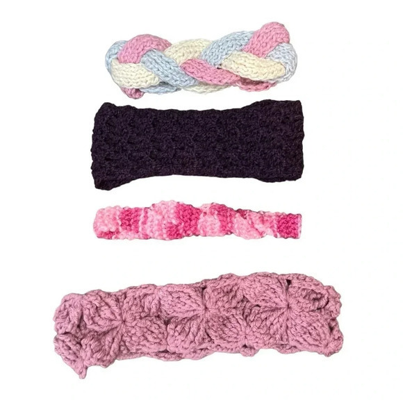 HANDMADE CROCHET KNIT HEADBANDS SET OF 4 PINK PURPLE WOMEN KIDS - Picture 1 of 6